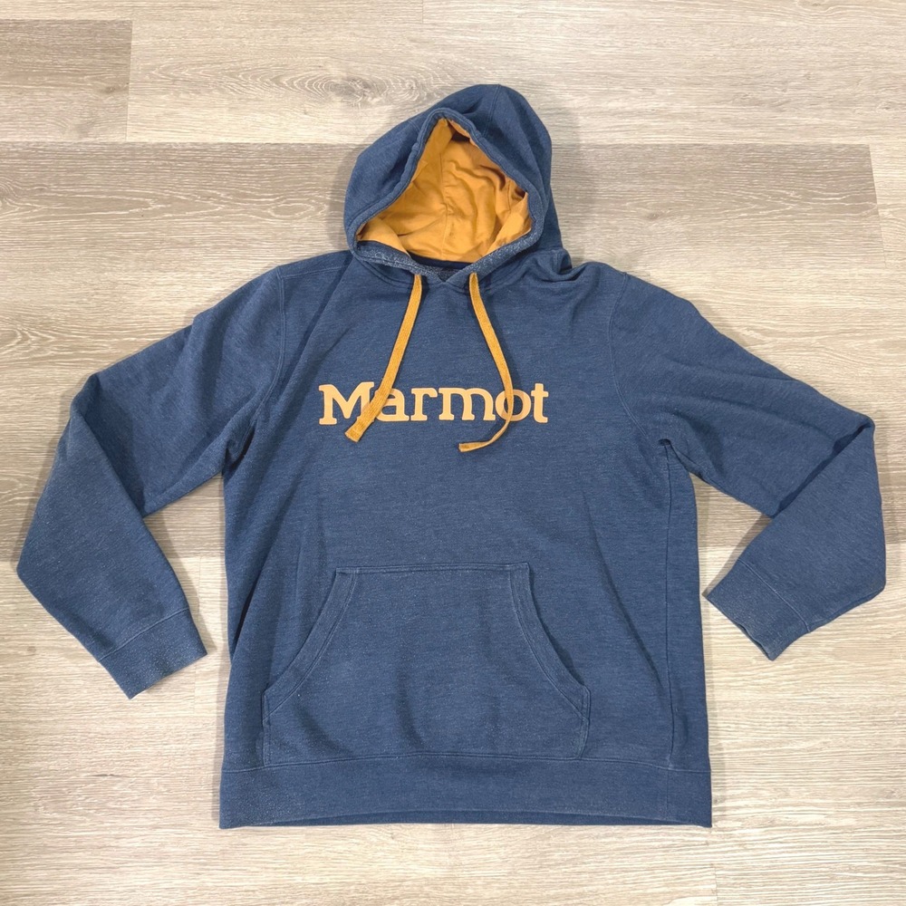Marmot Hoodie Mens Large Blue Orange Logo Pullover Sweatshirt M901067